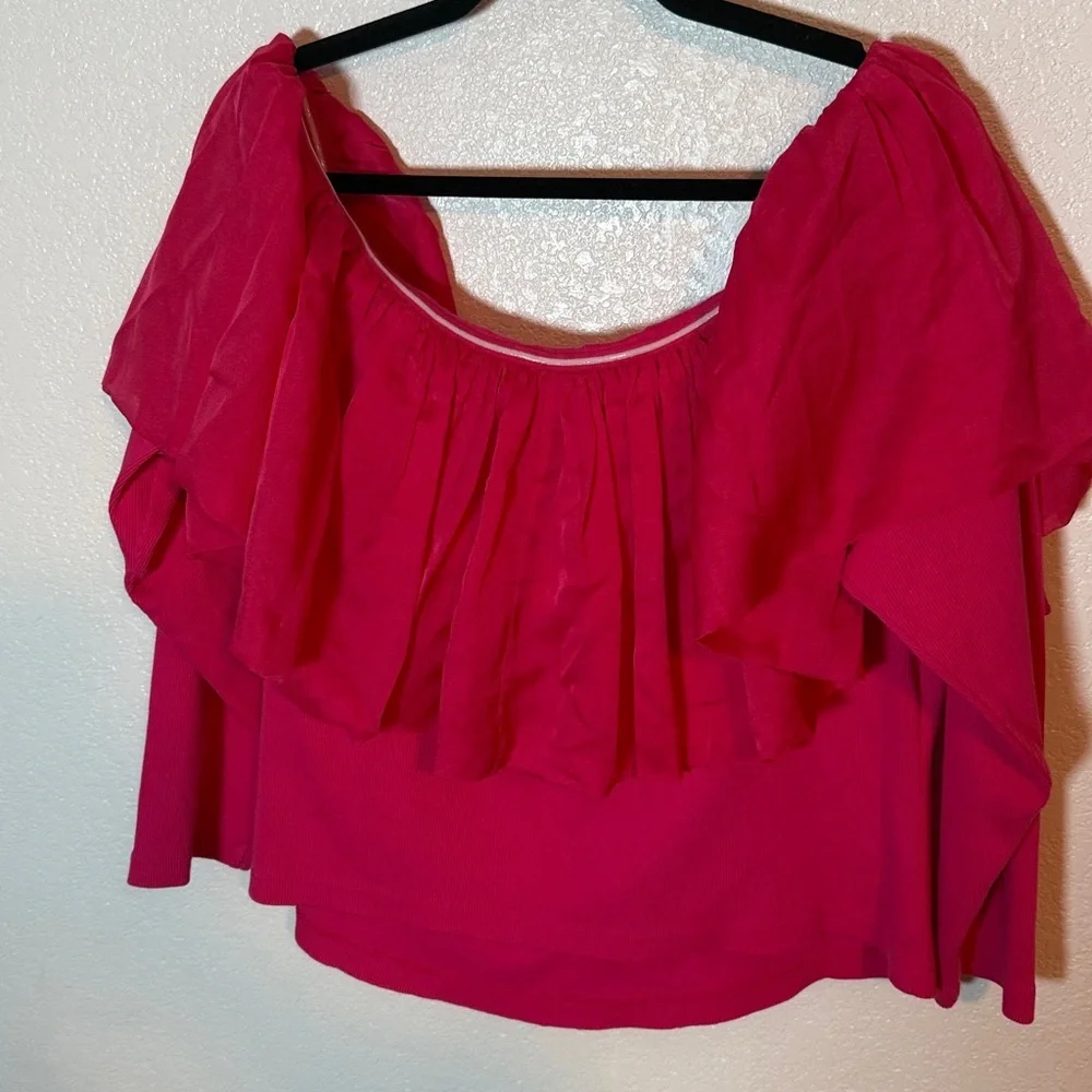 Anthropologie Pink Off Shoulder Ruffle Ribbed Top Size 2X NWT